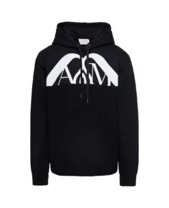 Alexander McQueen Black Hooded Sweatshirt With Contrasting Orchid Logo Print In Cotton Man