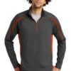 Sport-TeK Sweatshirts: Men's ST851 CGDO Charcoal Grey Deep Orange Stretch 1/2-Zip Colorblock Pullover -Sports Clothing 5496 chgydpor 1 st851chgydpormodelfront1 337w