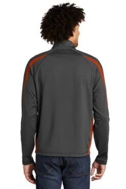 Sport-TeK Sweatshirts: Men's ST851 CGDO Charcoal Grey Deep Orange Stretch 1/2-Zip Colorblock Pullover -Sports Clothing 5496 chgydpor 2 st851chgydpormodelback1 337w
