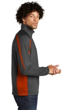 Sport-TeK Sweatshirts: Men's ST851 CGDO Charcoal Grey Deep Orange Stretch 1/2-Zip Colorblock Pullover -Sports Clothing 5496 chgydpor 3 st851chgydpormodelside1 337w