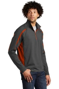 Sport-TeK Sweatshirts: Men's ST851 CGDO Charcoal Grey Deep Orange Stretch 1/2-Zip Colorblock Pullover -Sports Clothing 5496 chgydpor 4 st851chgydpormodel3q1 337w