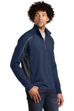 Sport-TeK Sweatshirts: Men's ST851 TNCG True Navy Charcoal Grey Stretch 1/2-Zip Colorblock Pullover 7 Sport-TeK Sweatshirts: Men's ST851 TNCG True Navy Charcoal Grey Stretch 1/2-Zip Colorblock Pullover -Sports Clothing 5496 tnvchargy 4 st851tnvchargymodel3q1 337w