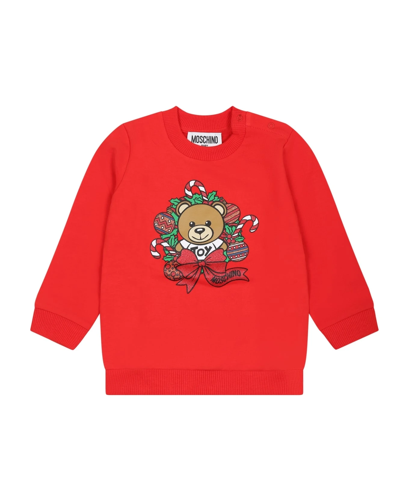 MOSCHINO Red Sweatshirt For Baby Kids With Teddy Bear And Logo 3 MOSCHINO Red Sweatshirt For Baby Kids With Teddy Bear And Logo