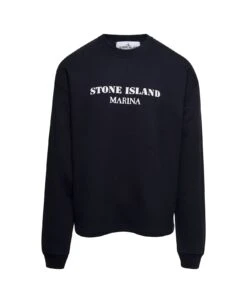 Stone Island Black Crewneck Sweatshirt With Contrasting Logo Print In Cotton Man