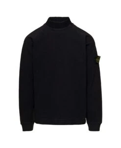 Stone Island Black Sweatshirt With Ribbed High-neck And Logo Patch In Cotton Blend Man