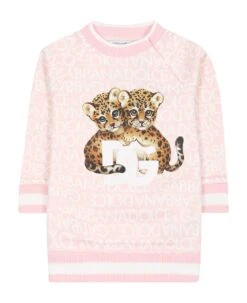 Dolce & Gabbana Pink Sweatshirt For Baby Girl With Leopard Print And Logo