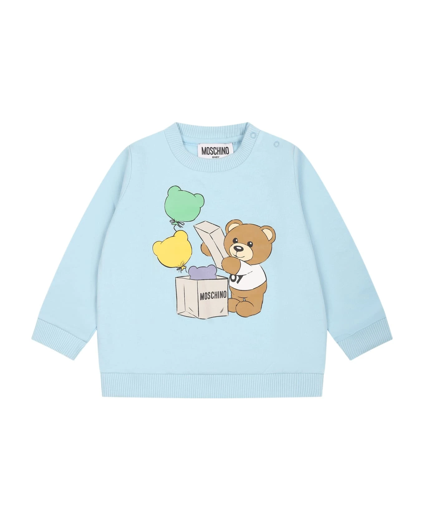 MOSCHINO Light Blue Sweatshirt For Baby Boy With Teddy Bear And Print 3 MOSCHINO Light Blue Sweatshirt For Baby Boy With Teddy Bear And Print