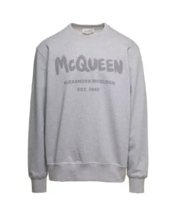 Alexander McQueen Grey Sweatshirt With Contrasting Graffiti Logo Print In Cotton Man