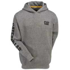 CAT Apparel Sweatshirts: Men's 1910709 004 Grey Hooded Trademark Banner Sweatshirt -Sports Clothing cat 1910709 004 f 01